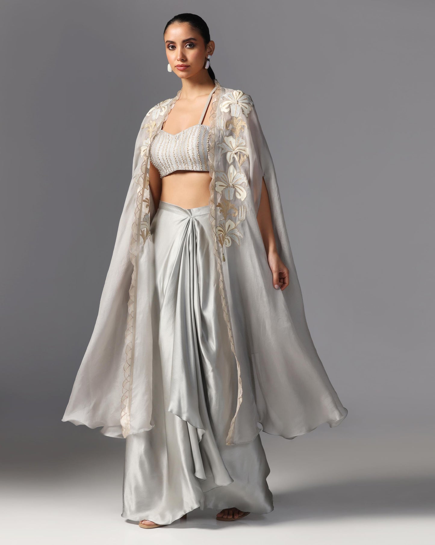 Silver Bloom Embroidered Cape Set