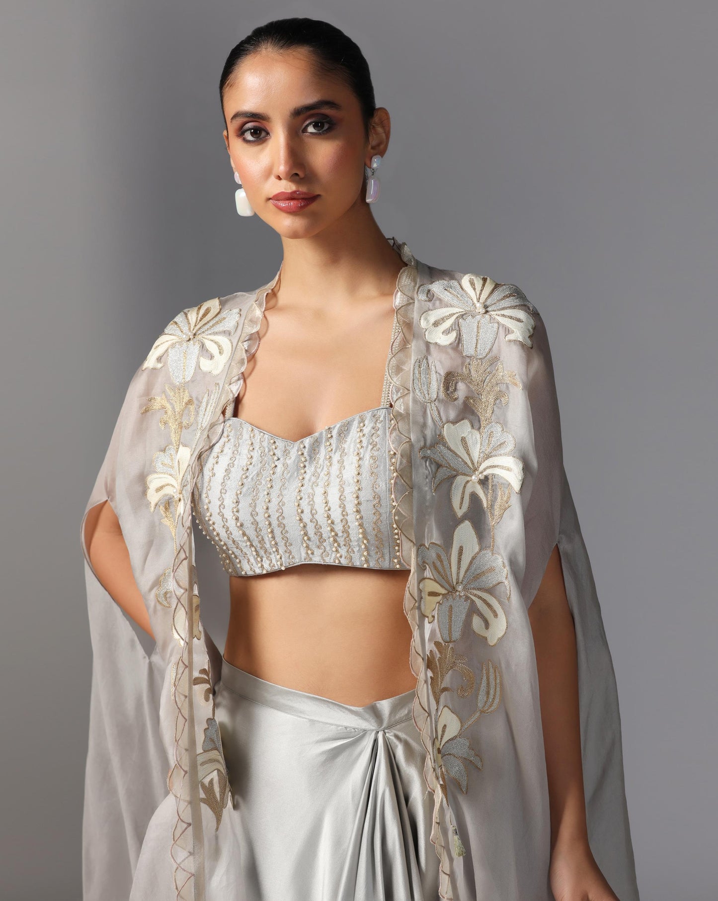 Silver Bloom Embroidered Cape Set