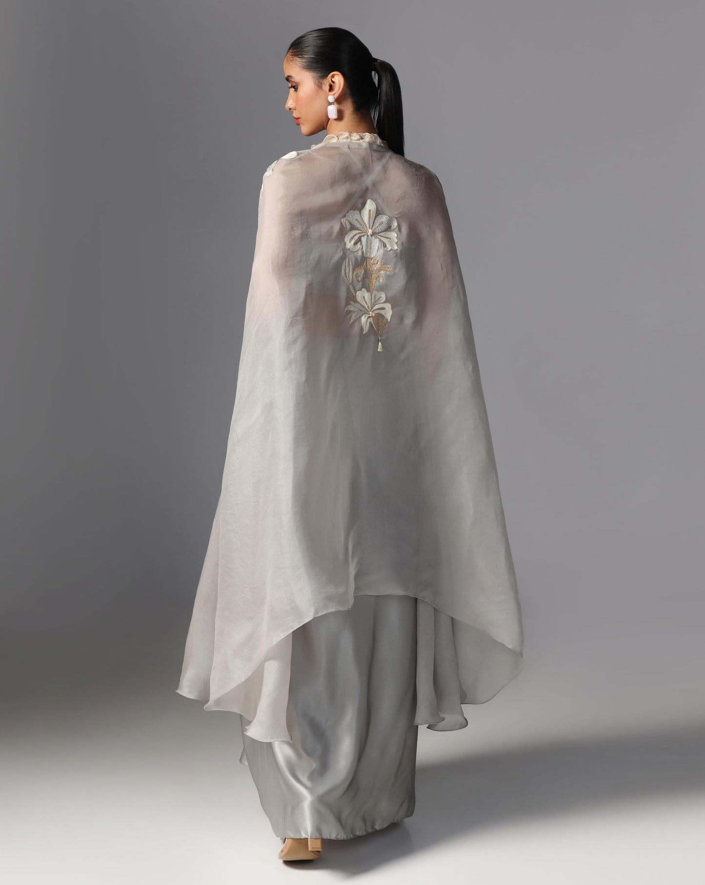 Silver Bloom Embroidered Cape Set