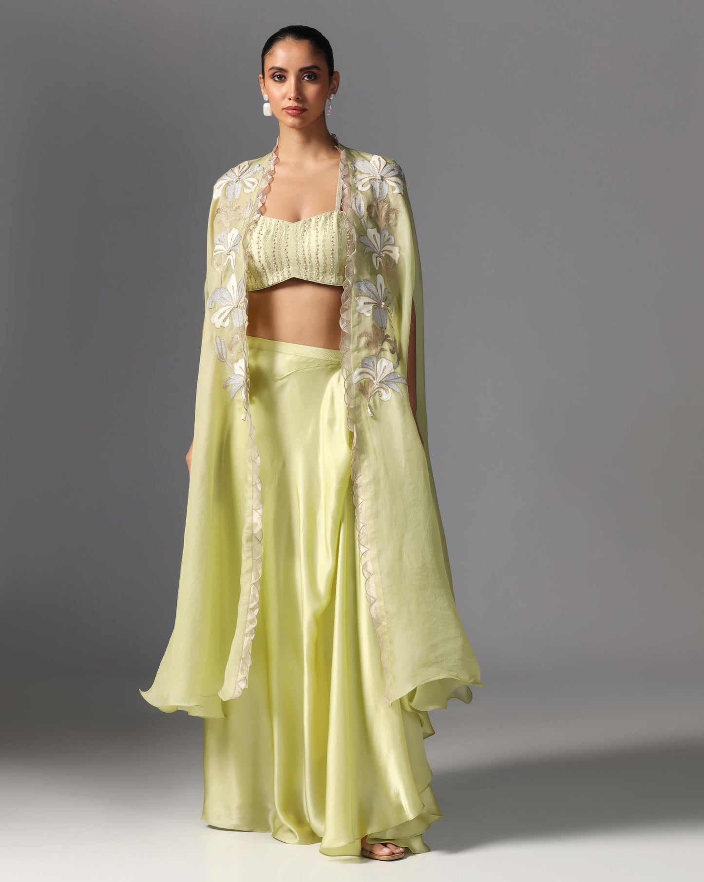 Lime Bloom Embroidered Cape Set