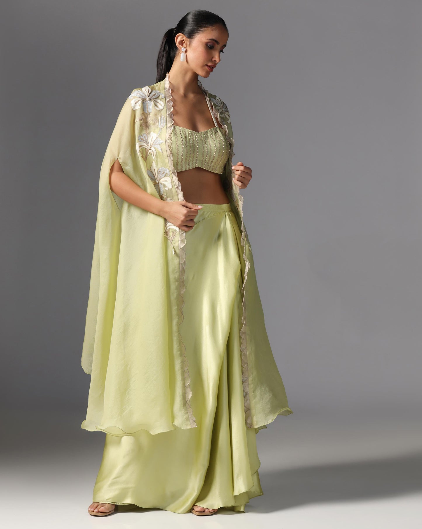 Lime Bloom Embroidered Cape Set