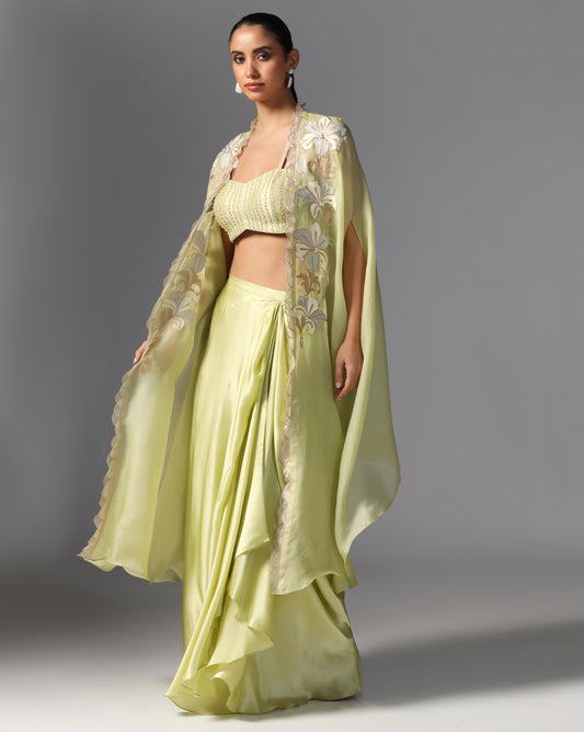 Lime Bloom Embroidered Cape Set