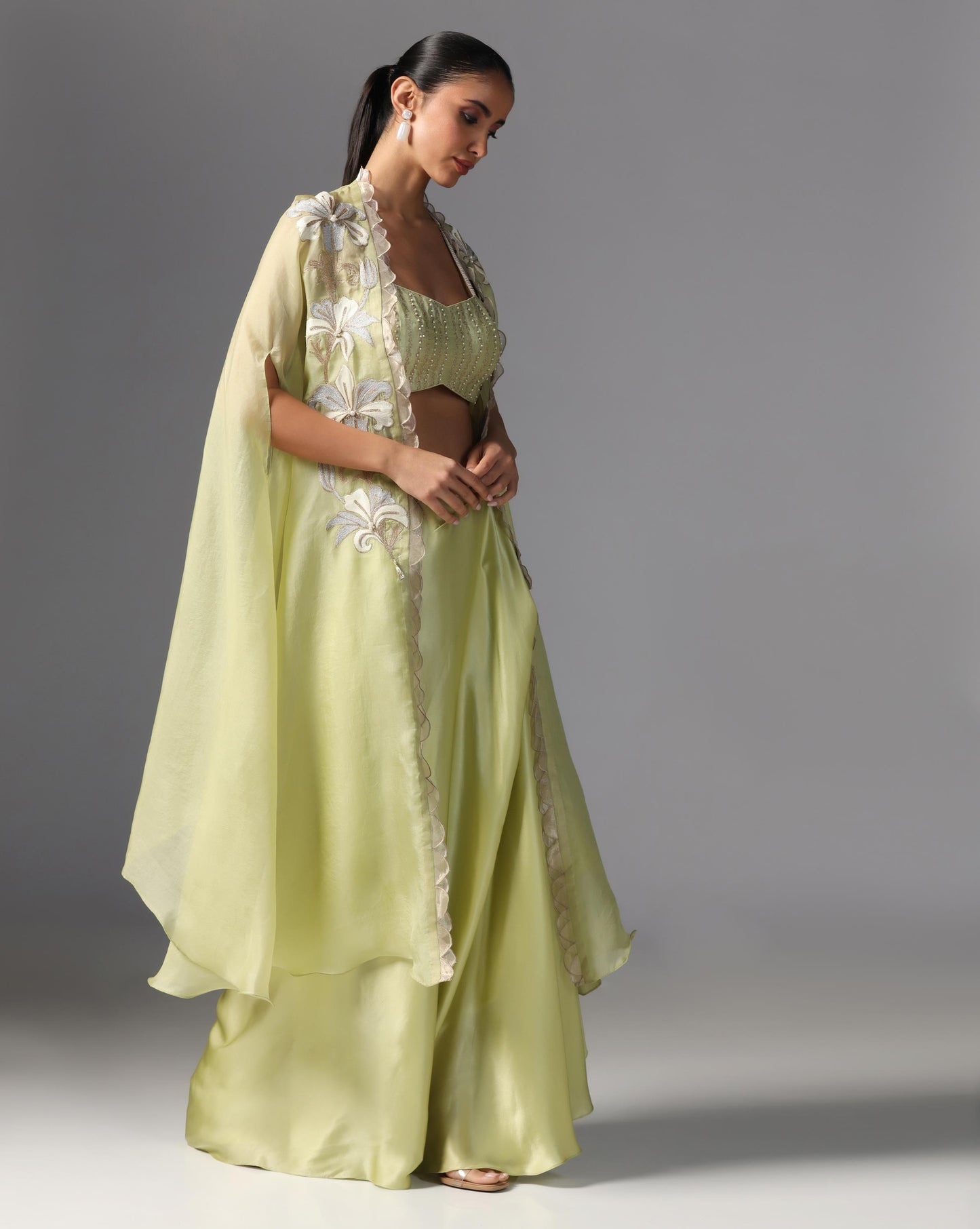 Lime Bloom Embroidered Cape Set