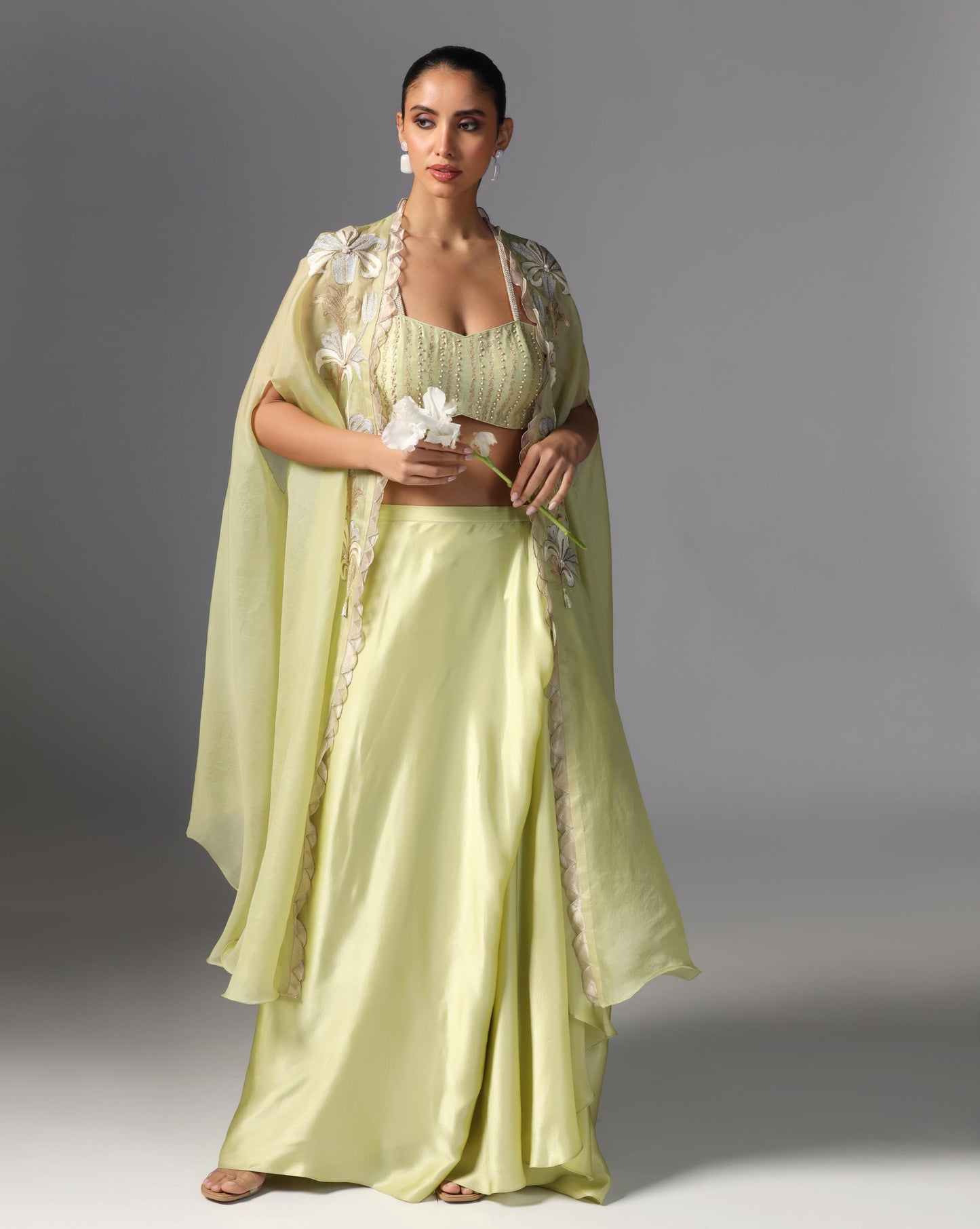 Lime Bloom Embroidered Cape Set