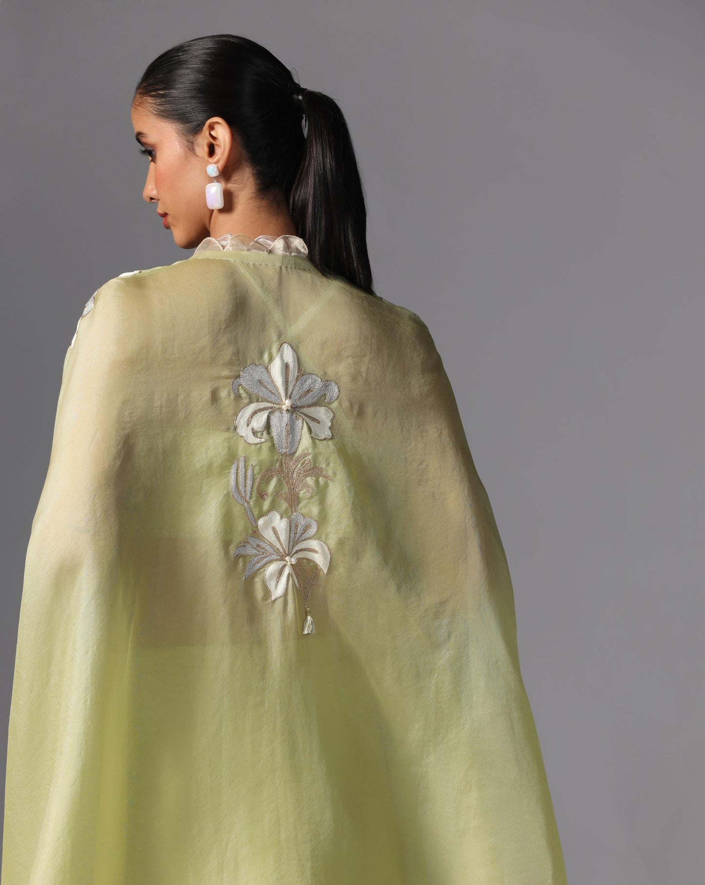 Lime Bloom Embroidered Cape Set