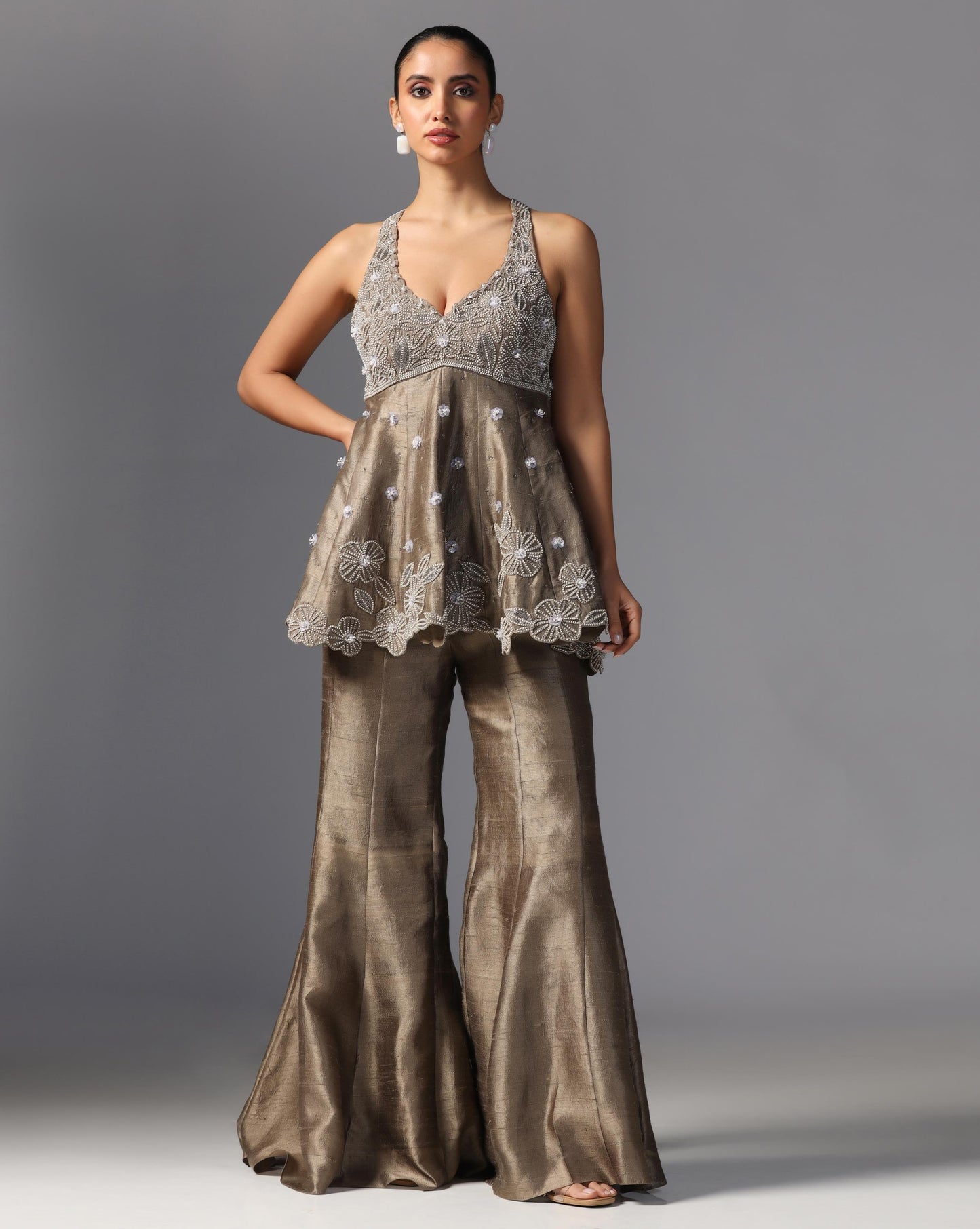 Mocha Gleam Embroidered Sharara Set