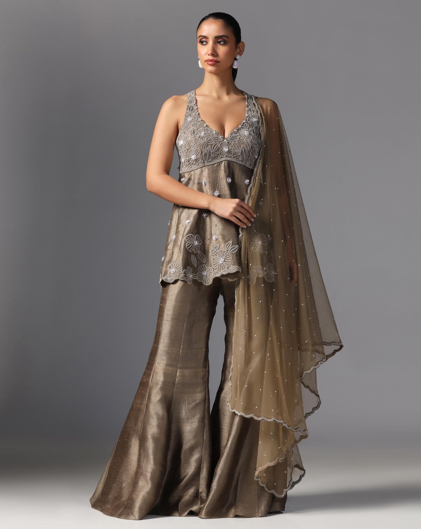 Mocha Gleam Embroidered Sharara Set