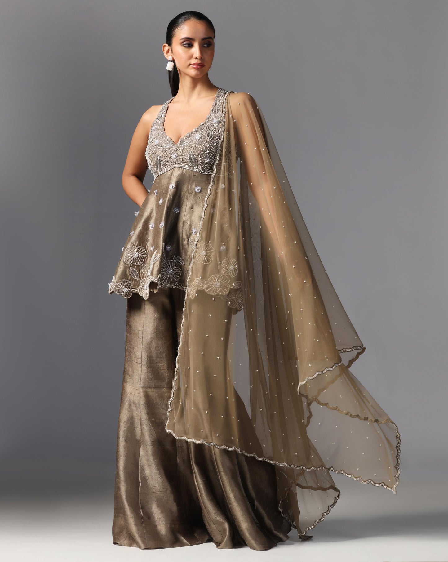 Mocha Gleam Embroidered Sharara Set