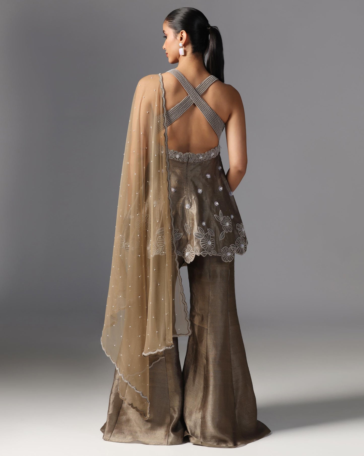 Mocha Gleam Embroidered Sharara Set