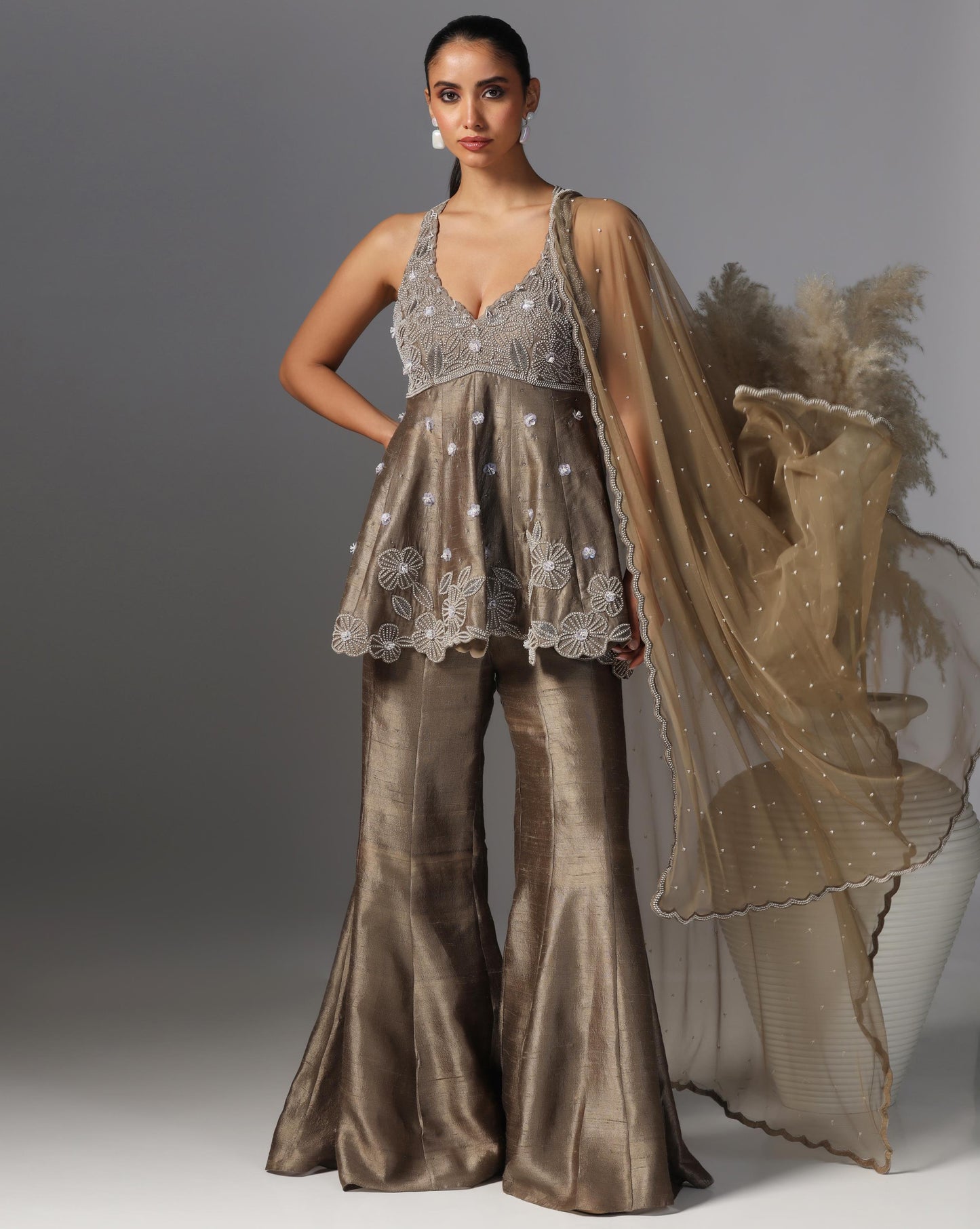 Mocha Gleam Embroidered Sharara Set
