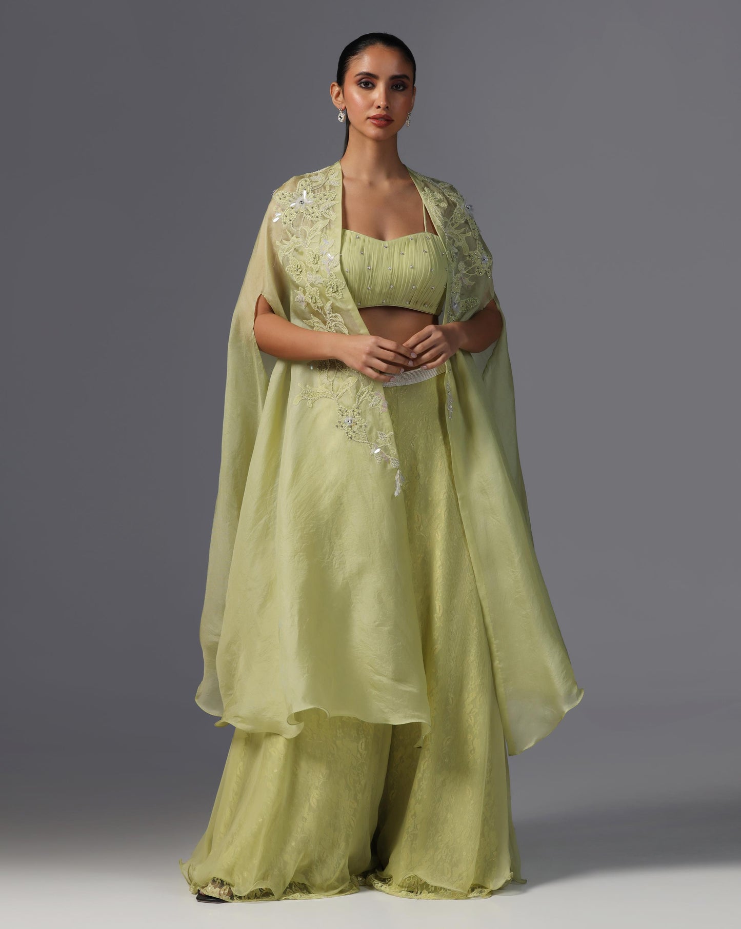 Lime Serenity Embroidered Cape Set