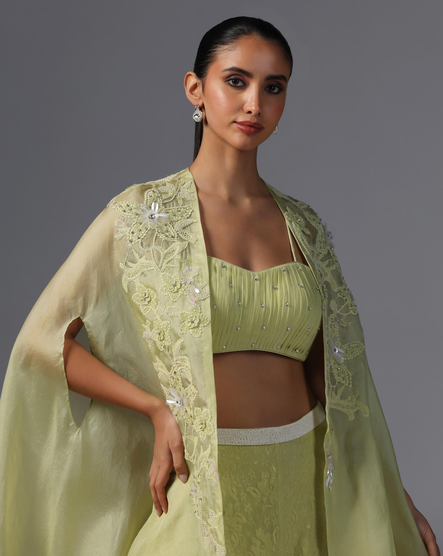 Lime Serenity Embroidered Cape Set