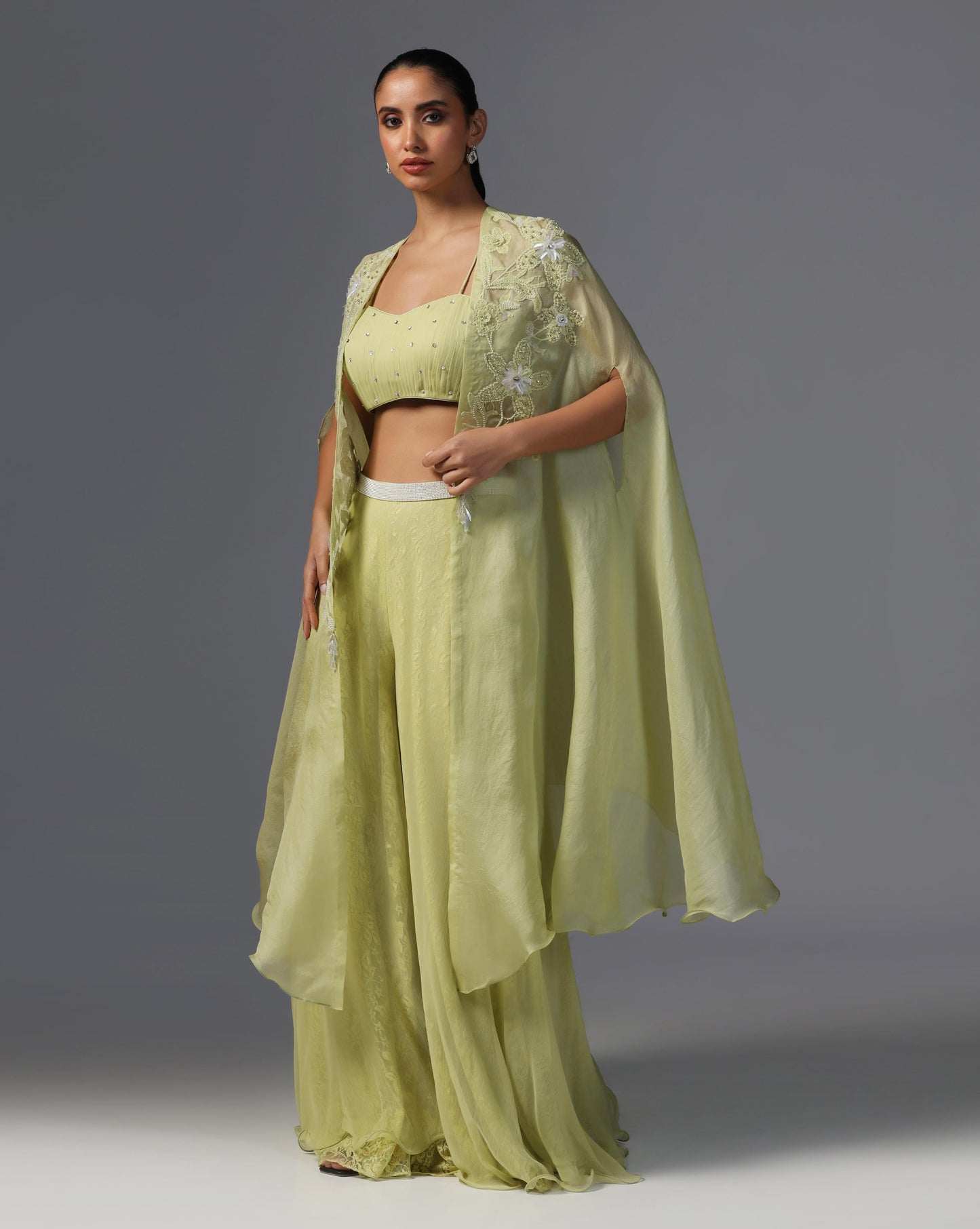 Lime Serenity Embroidered Cape Set