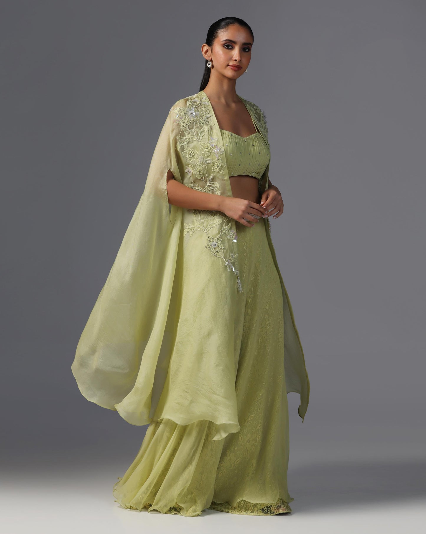 Lime Serenity Embroidered Cape Set