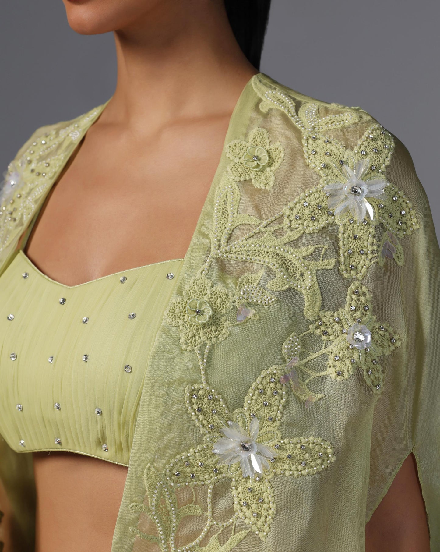 Lime Serenity Embroidered Cape Set