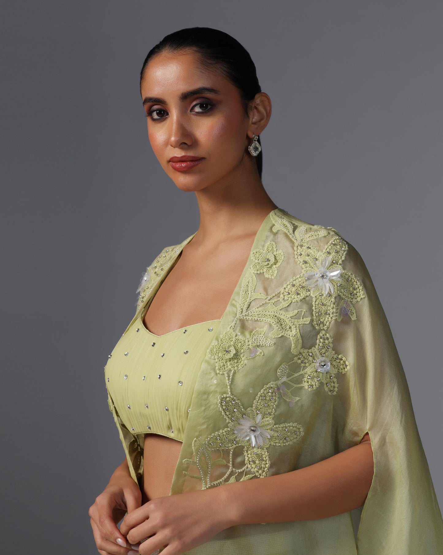 Lime Serenity Embroidered Cape Set