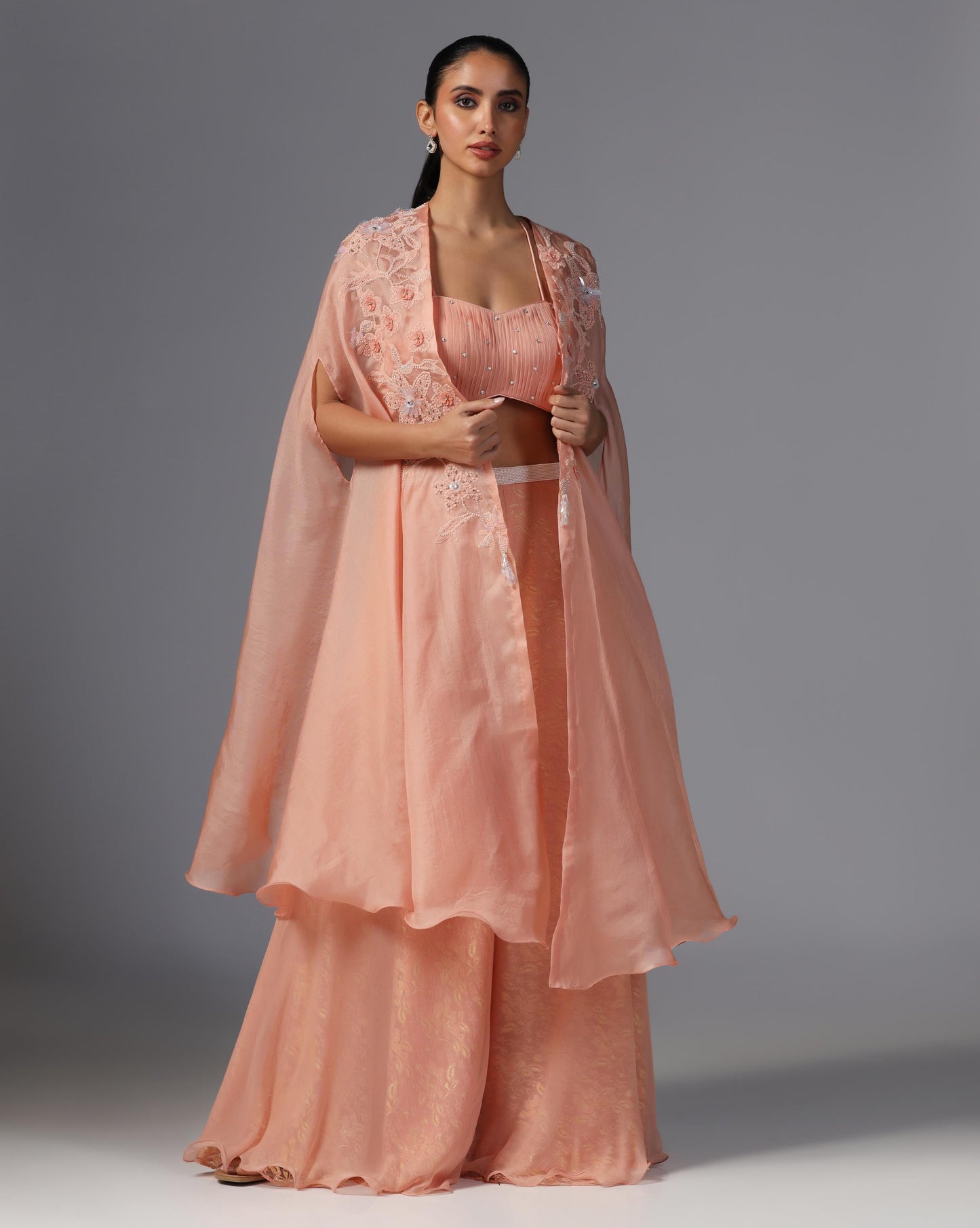 Peach Blossom Embroidered Cape Set