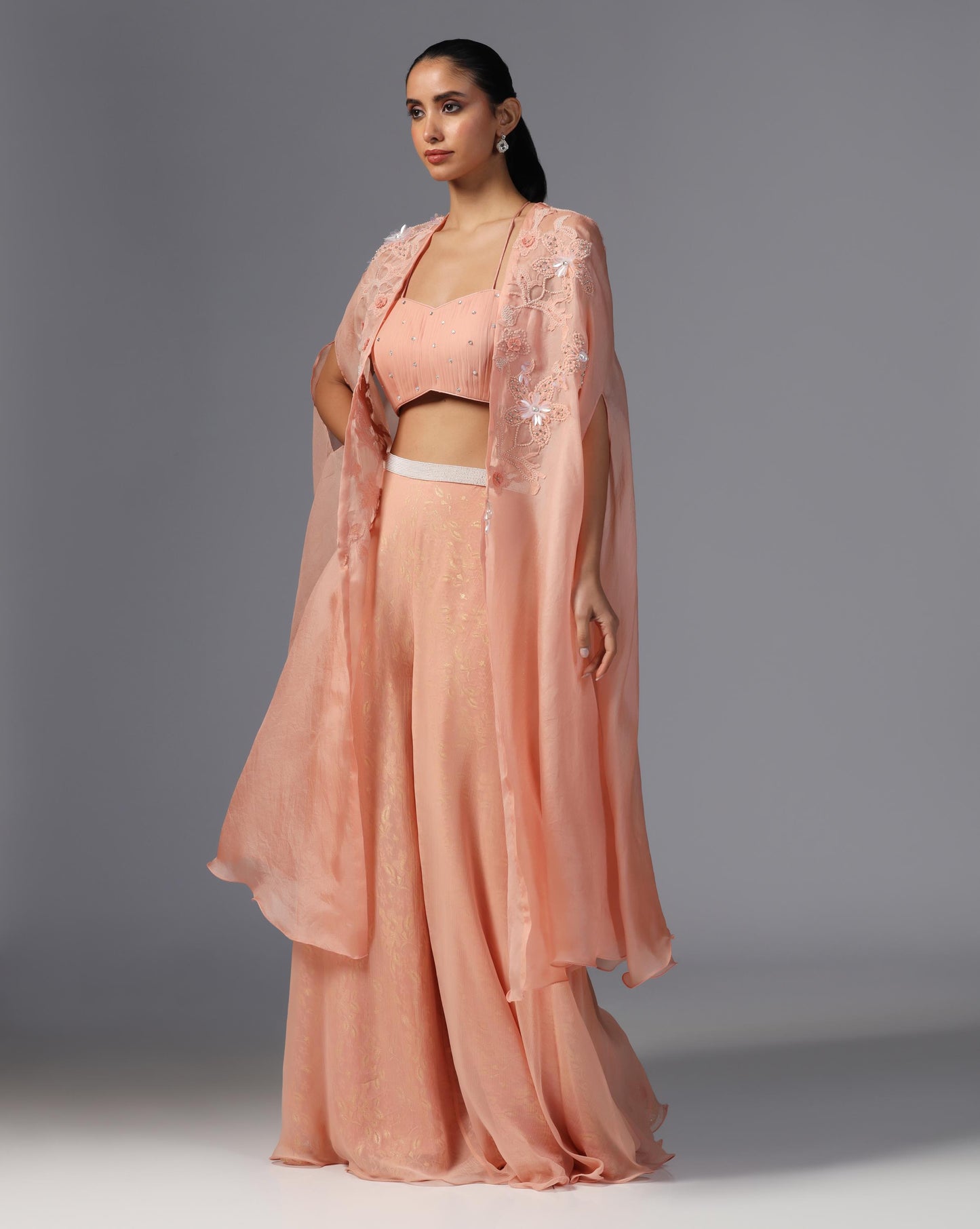 Peach Blossom Embroidered Cape Set