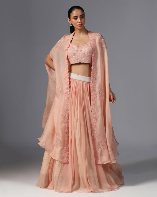 Peach Blossom Embroidered Cape Set
