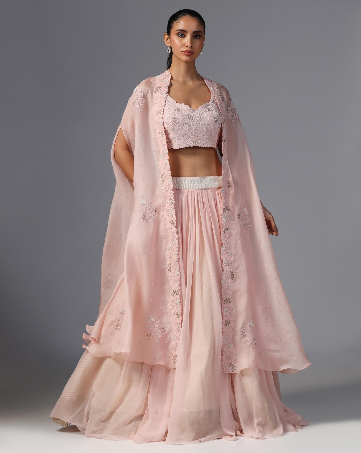 Blush Petal Embroidered Cape Set
