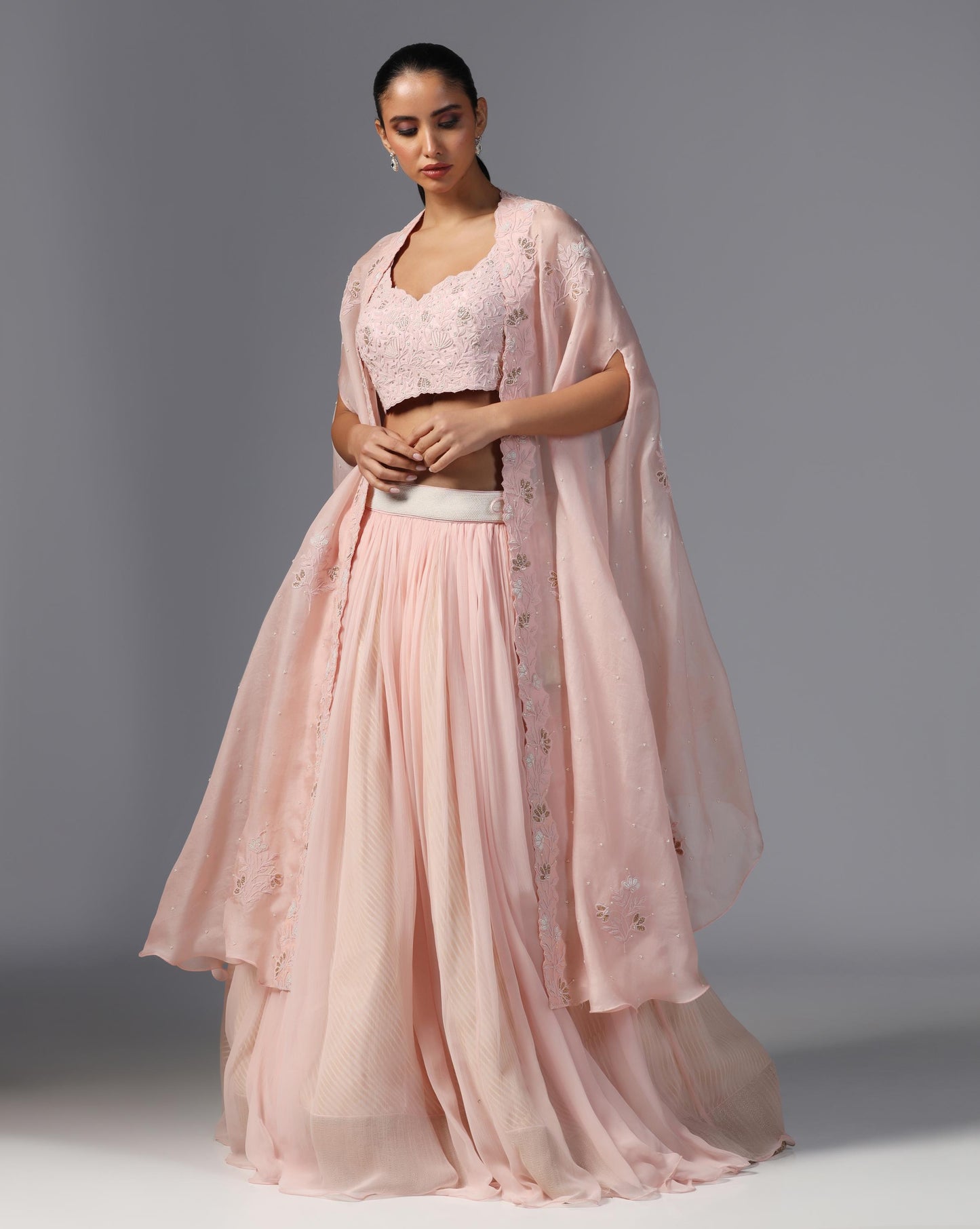 Blush Petal Embroidered Cape Set
