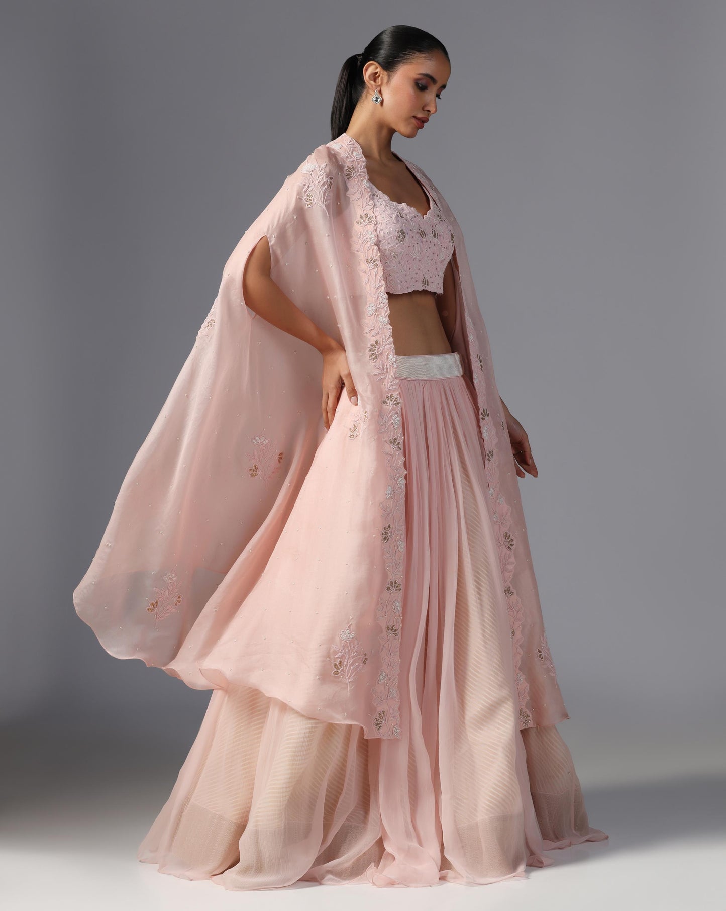 Blush Petal Embroidered Cape Set