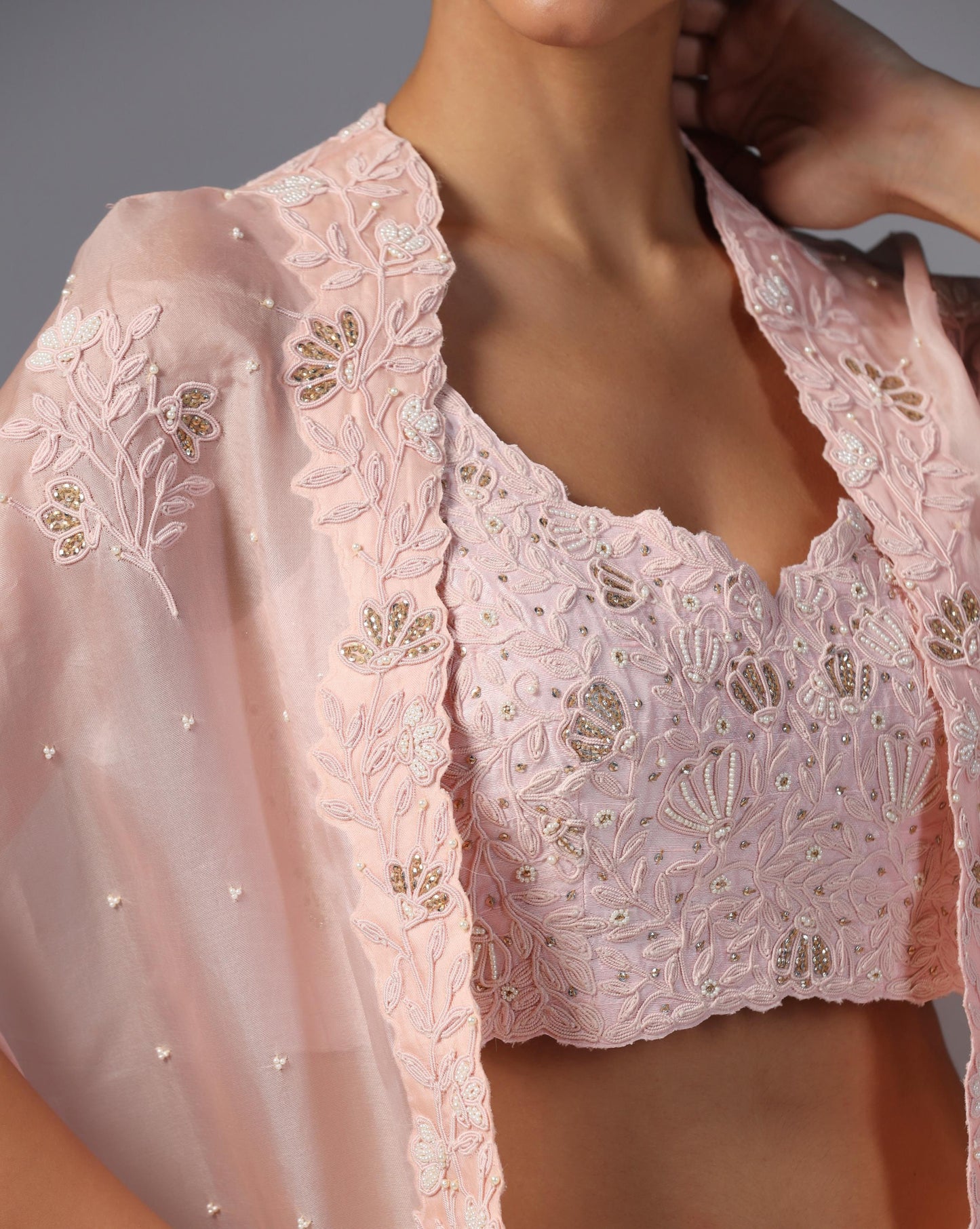 Blush Petal Embroidered Cape Set