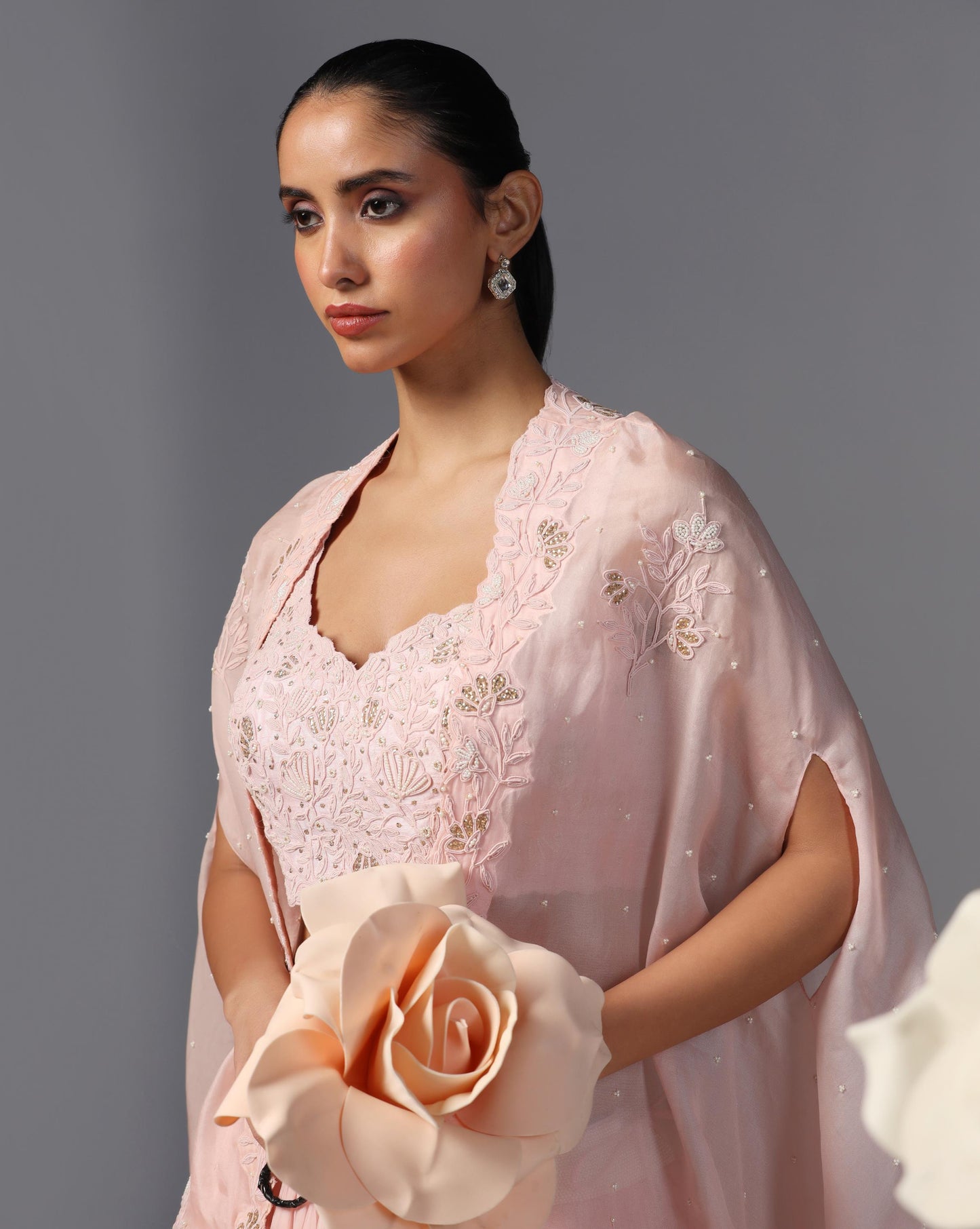 Blush Petal Embroidered Cape Set