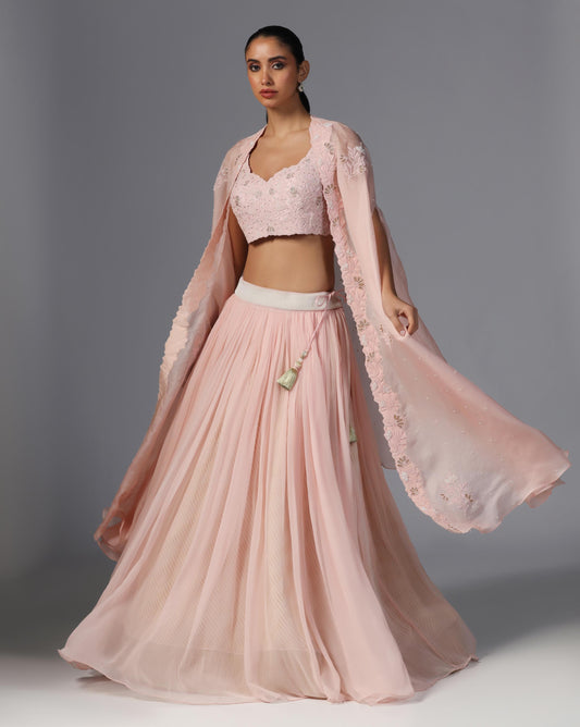 Blush Petal Embroidered Cape Set
