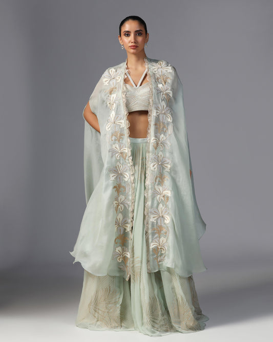 Mint Whisper Embroidered Cape Set