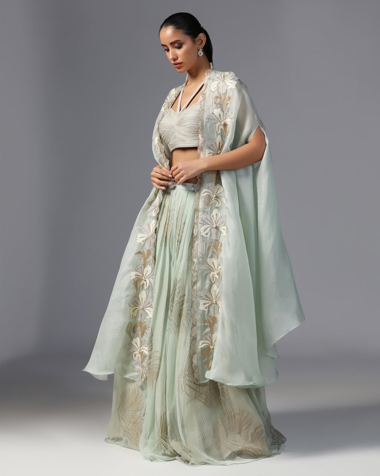 Mint Whisper Embroidered Cape Set