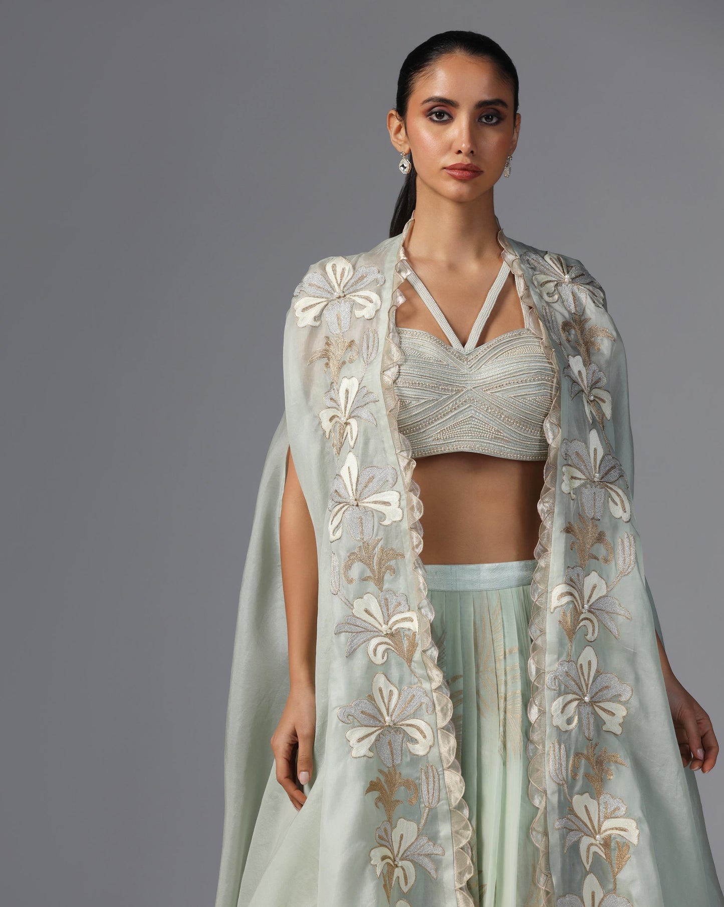Mint Whisper Embroidered Cape Set