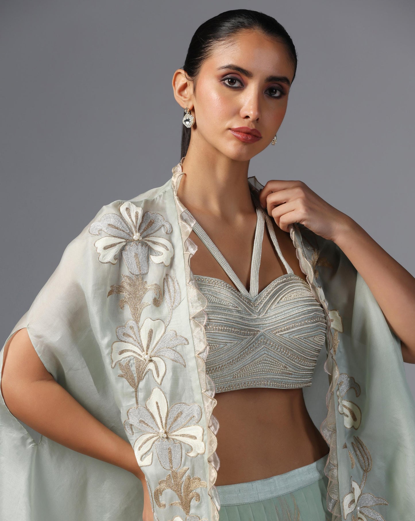 Mint Whisper Embroidered Cape Set
