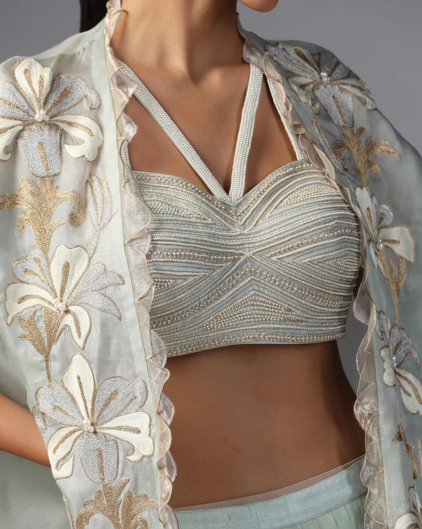 Mint Whisper Embroidered Cape Set