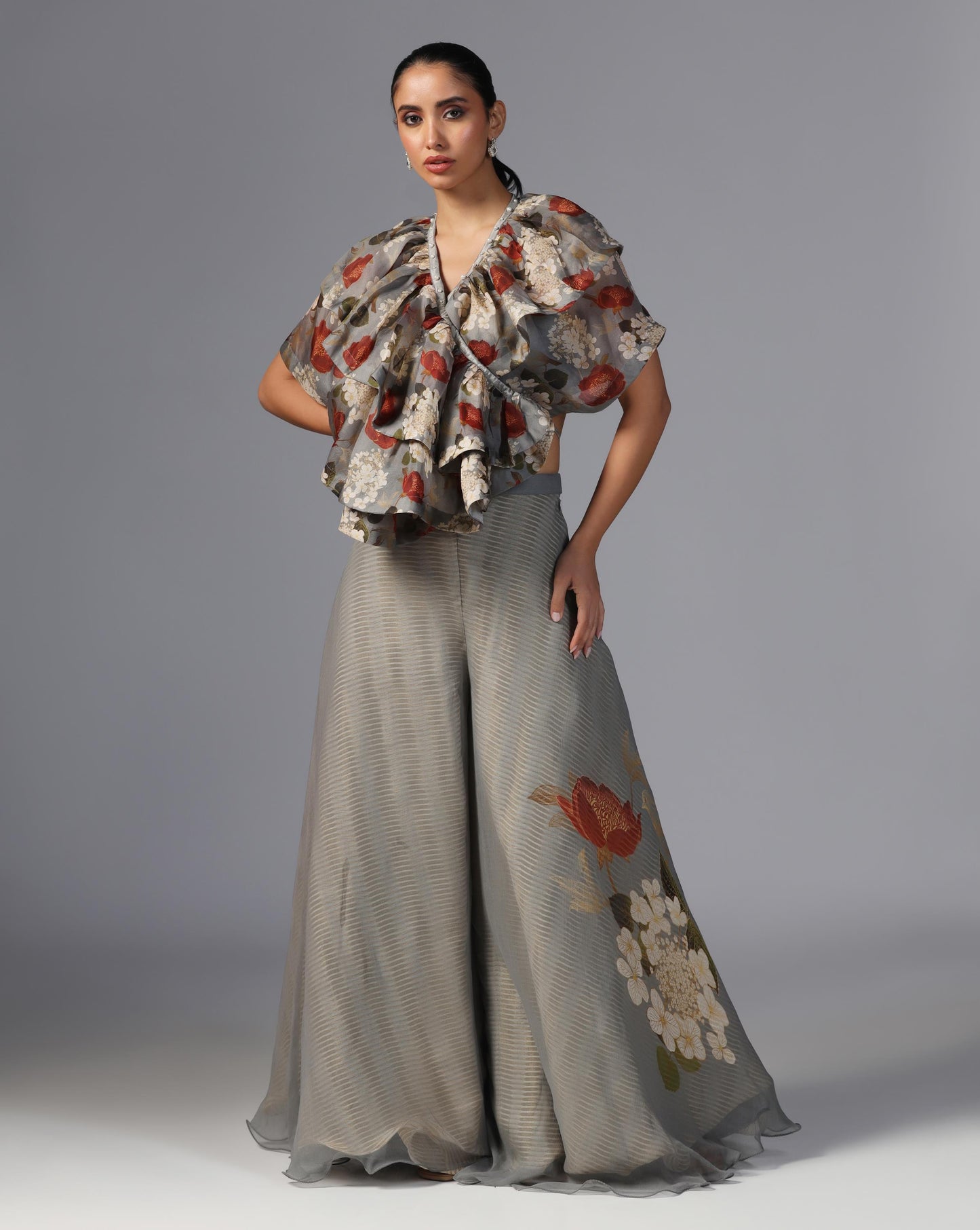 Smoky Bloom Ruffle Top & Embroidered Palazzo Set