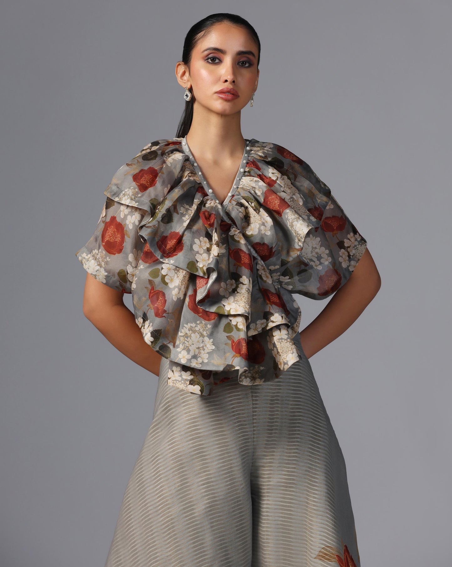 Smoky Bloom Ruffle Top & Embroidered Palazzo Set