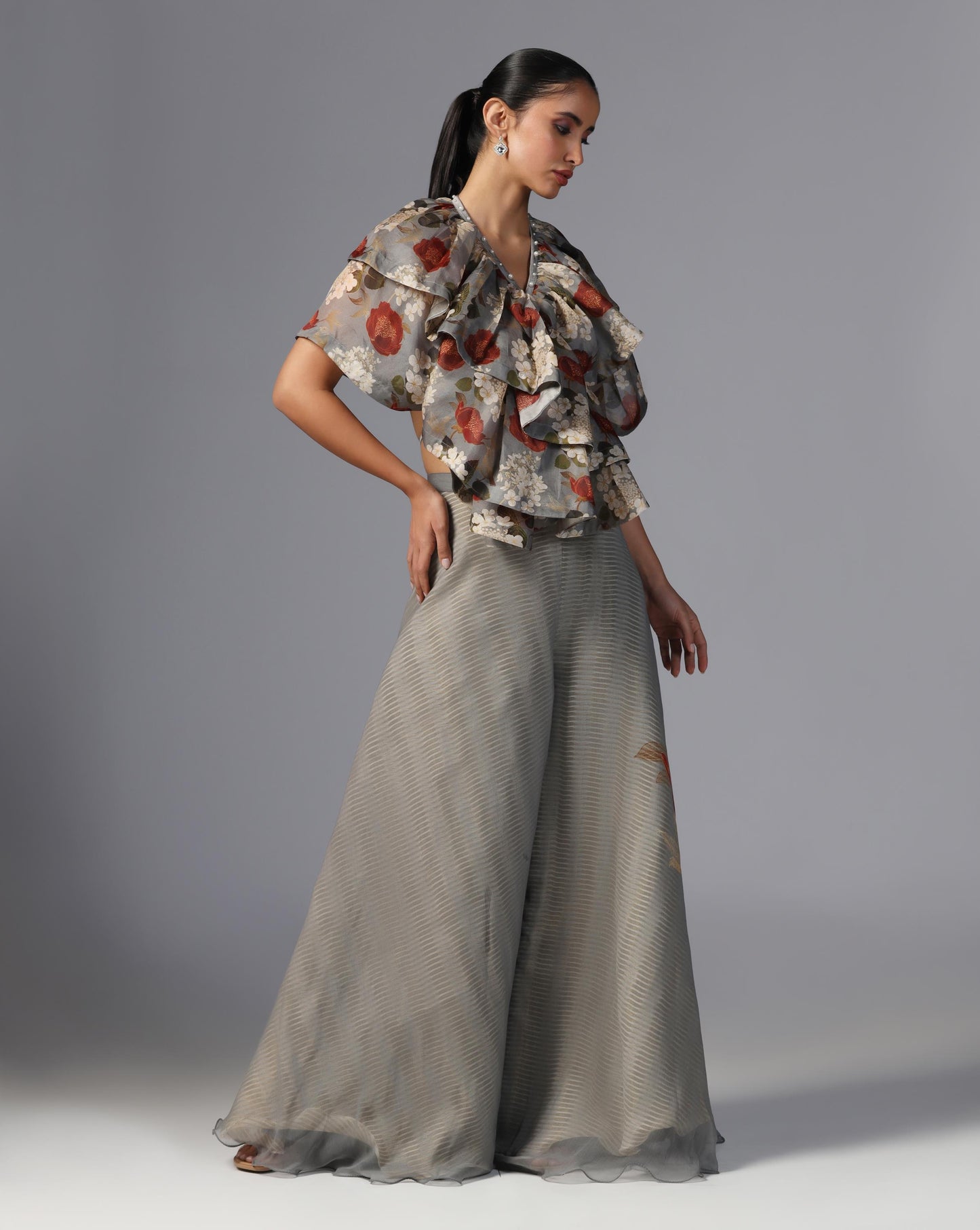 Smoky Bloom Ruffle Top & Embroidered Palazzo Set
