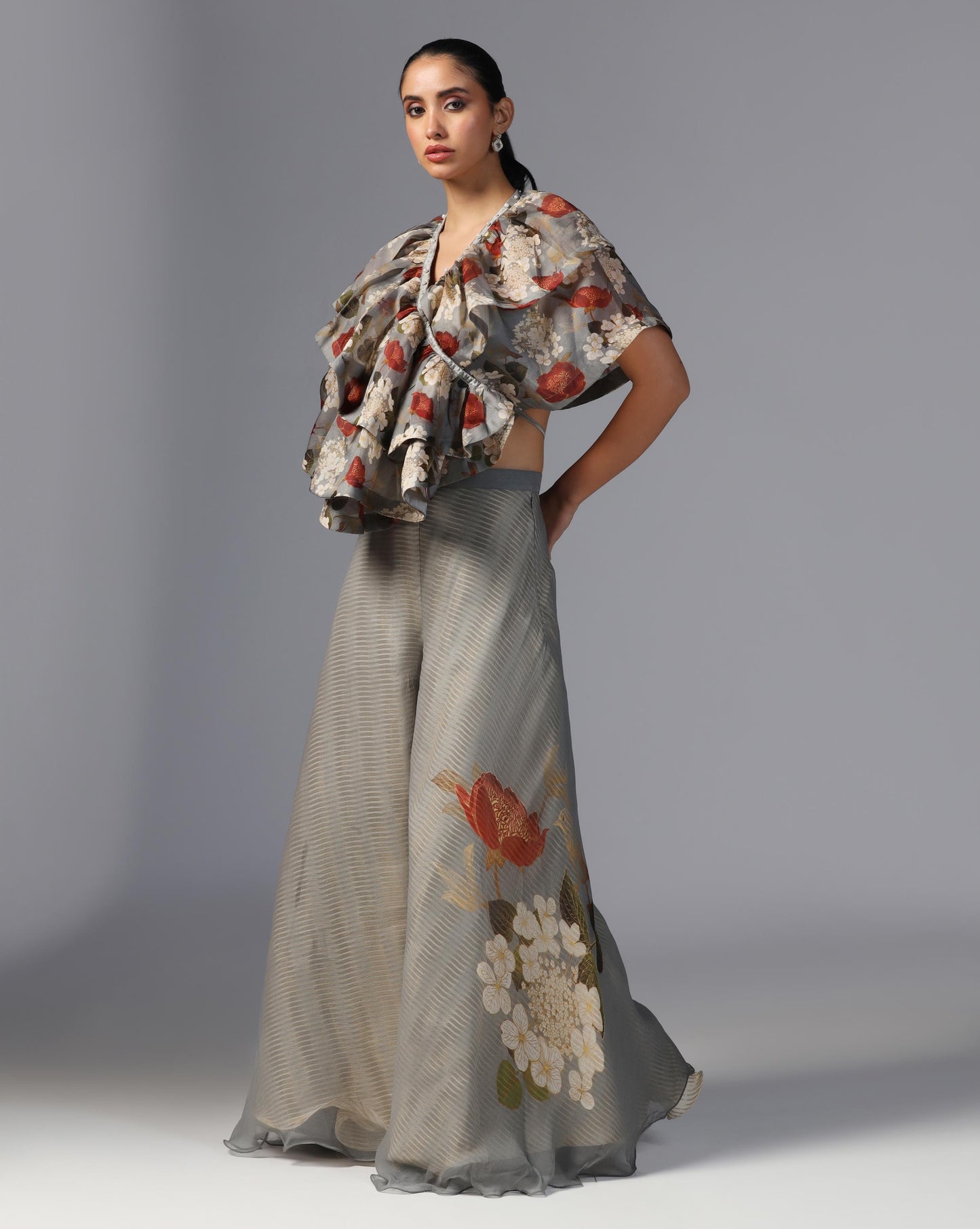 Smoky Bloom Ruffle Top & Embroidered Palazzo Set