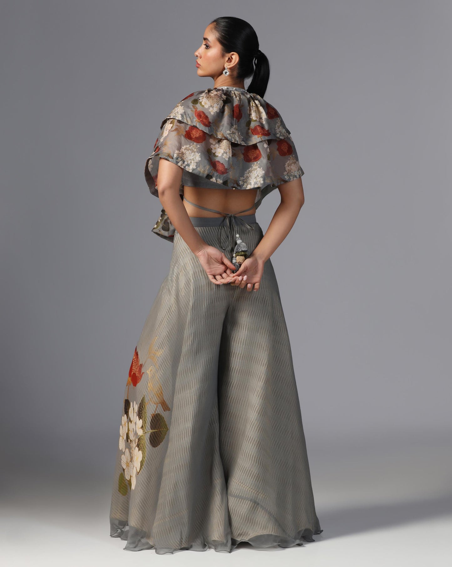 Smoky Bloom Ruffle Top & Embroidered Palazzo Set