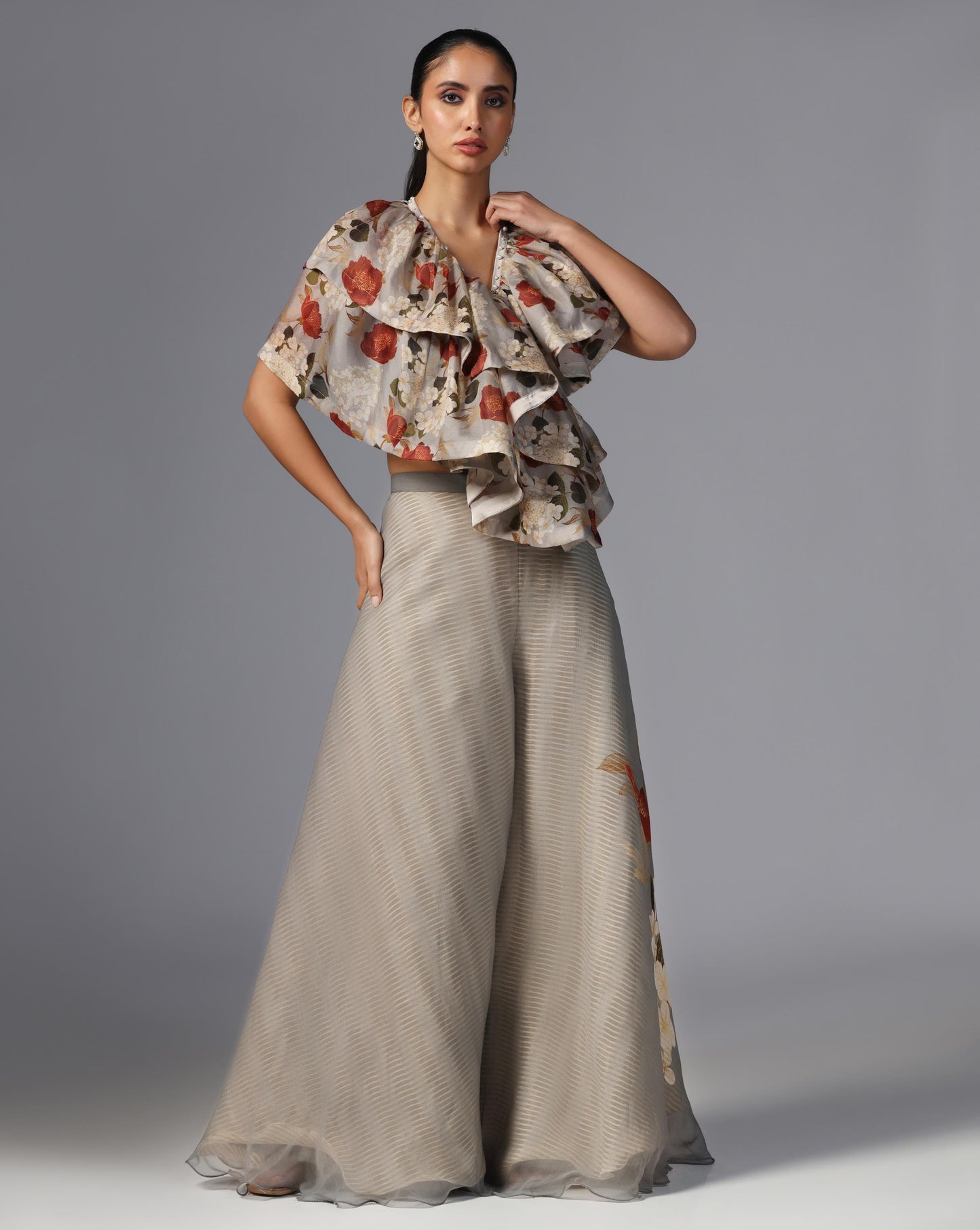 Smoky Bloom Ruffle Top & Embroidered Palazzo Set