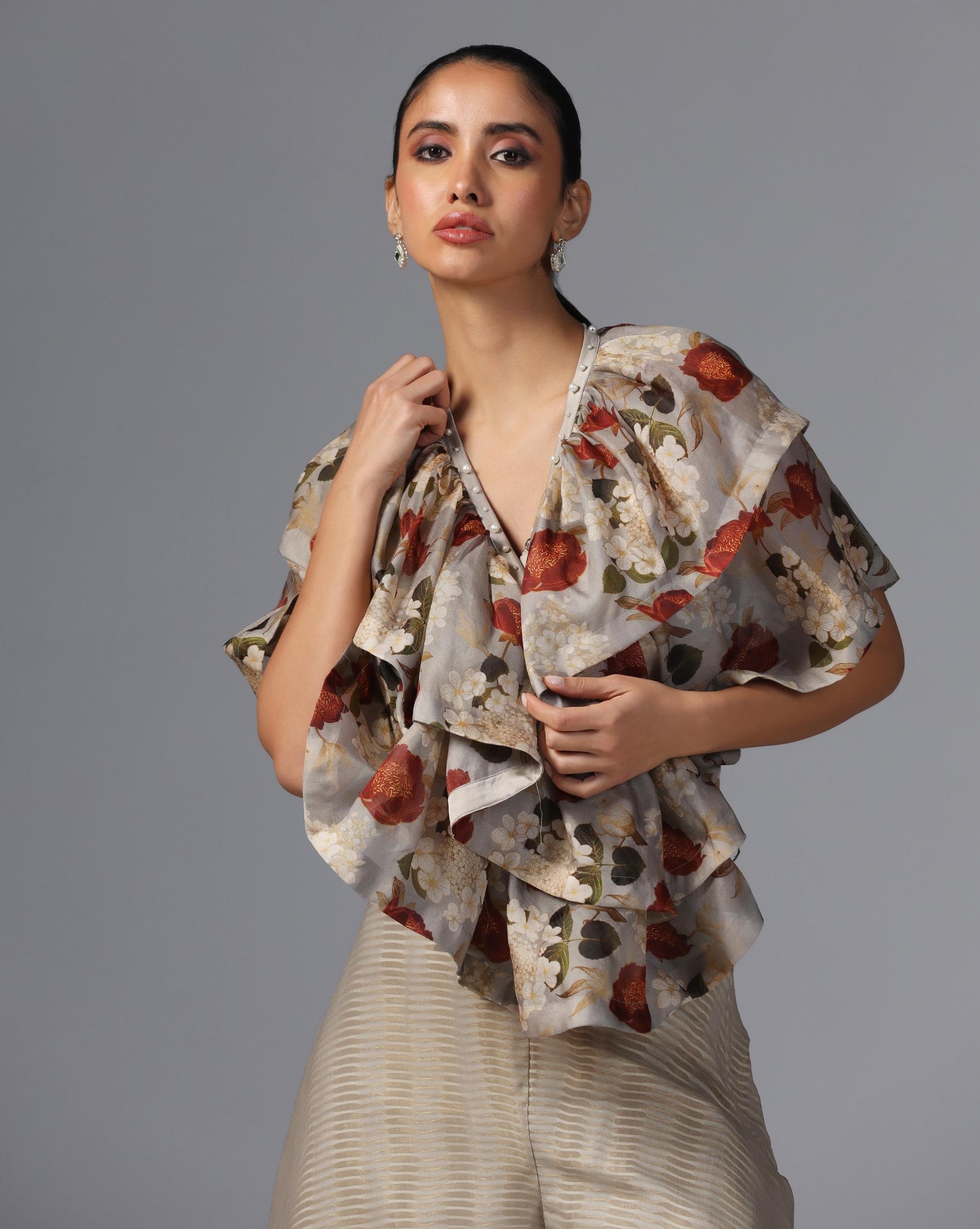 Smoky Bloom Ruffle Top & Embroidered Palazzo Set