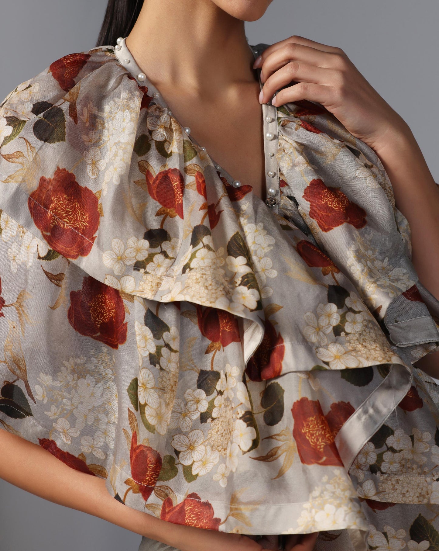 Smoky Bloom Ruffle Top & Embroidered Palazzo Set
