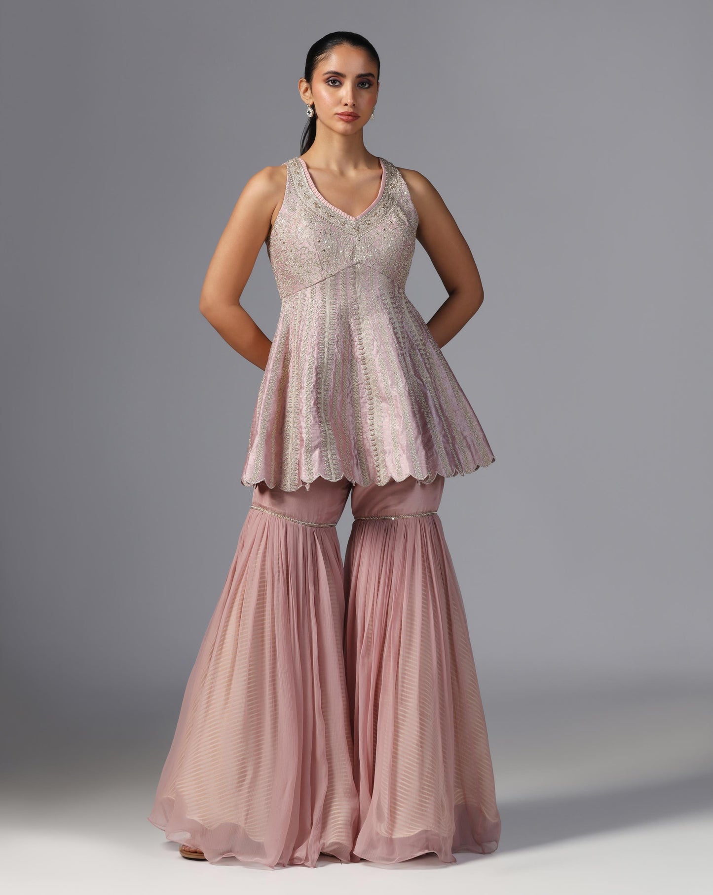 Blush Mirage Embroidered Peplum Sharara Set