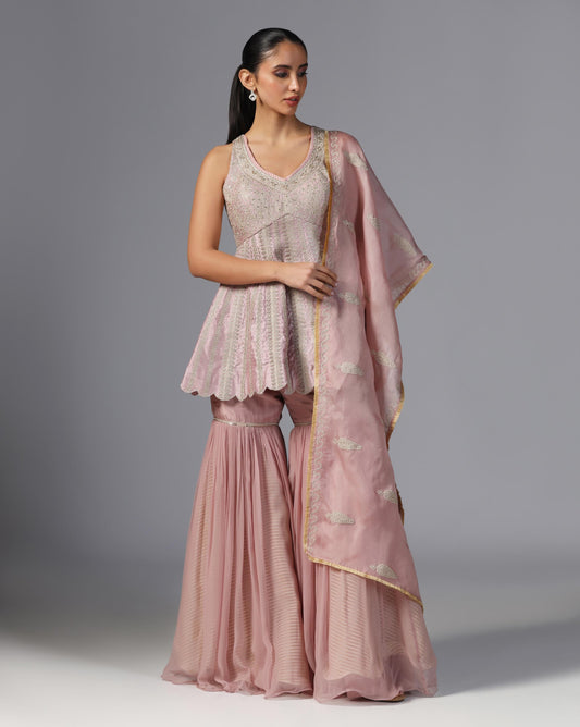 Blush Mirage Embroidered Peplum Sharara Set