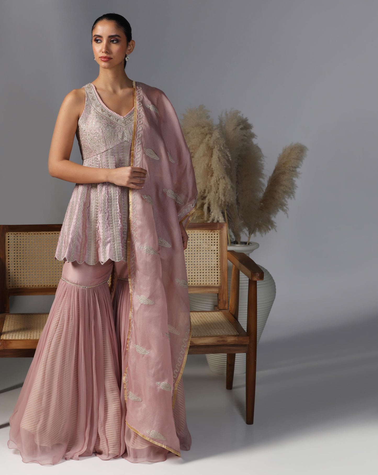 Blush Mirage Embroidered Peplum Sharara Set