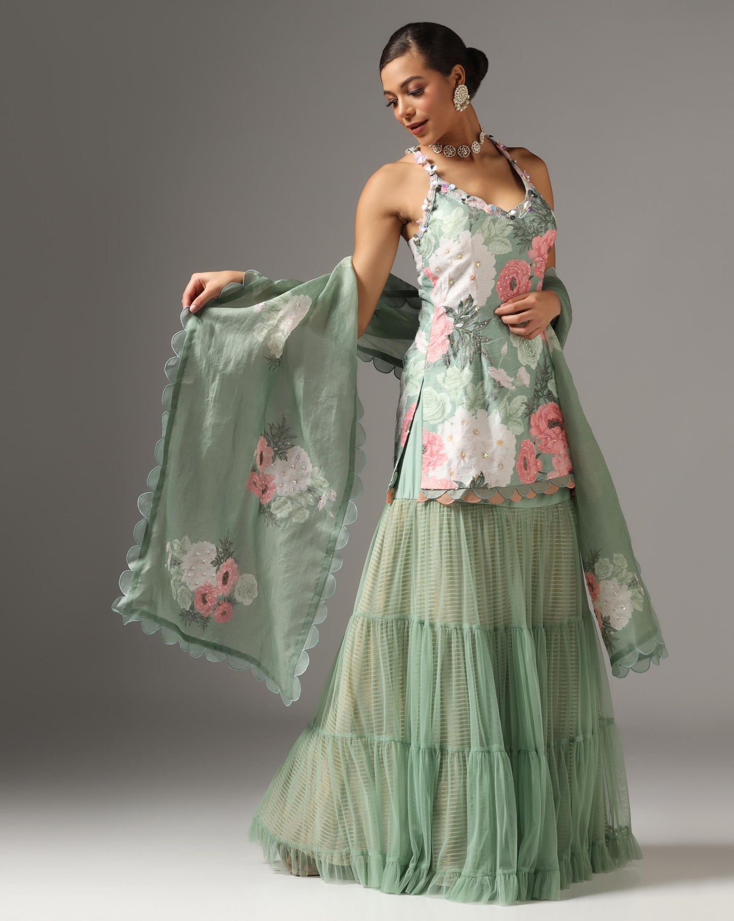 Teal Green Raw Silk Printed Strappy Kurta Set