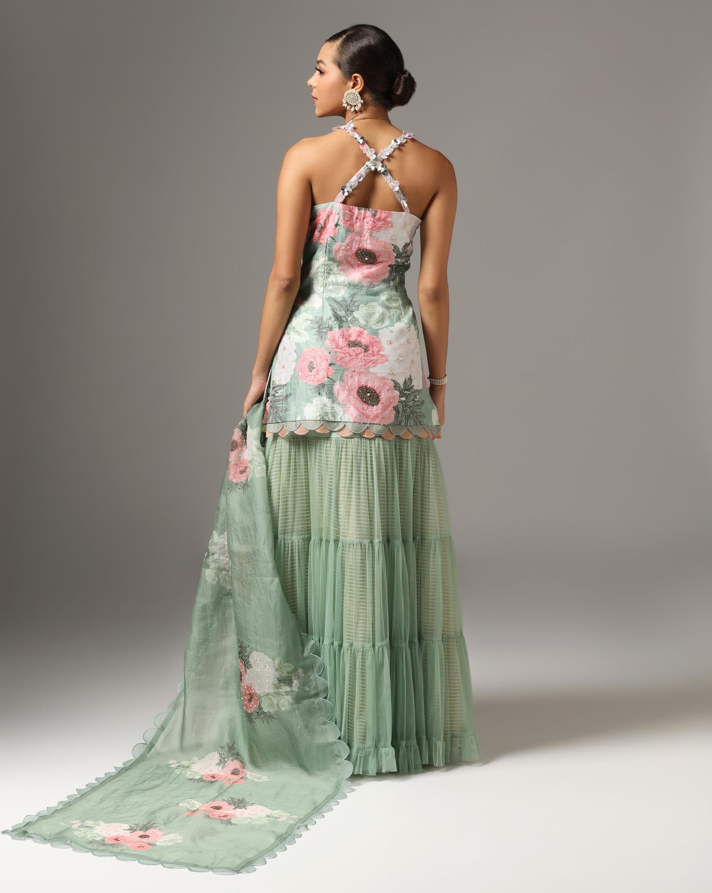 Teal Green Raw Silk Printed Strappy Kurta Set