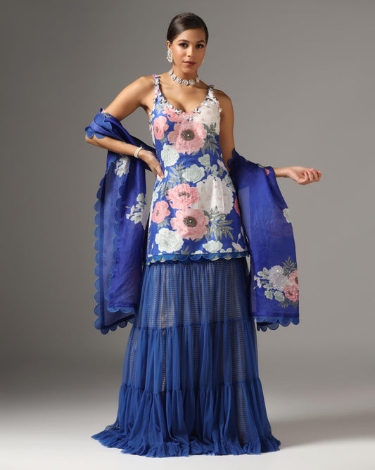 Blue Raw Silk Printed Strappy Kurta Set