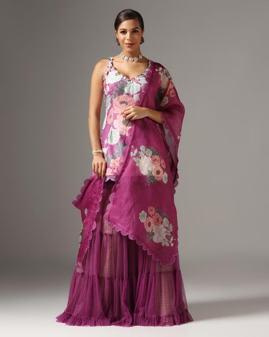 Purple Raw Silk Printed Strappy Kurta Set