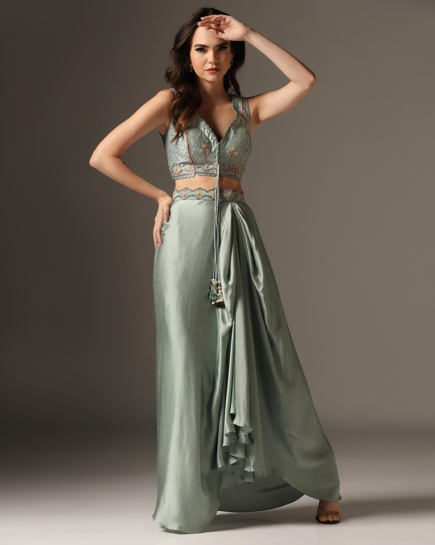 Dull Green Organza & Raw Silk Draped Skirt Set